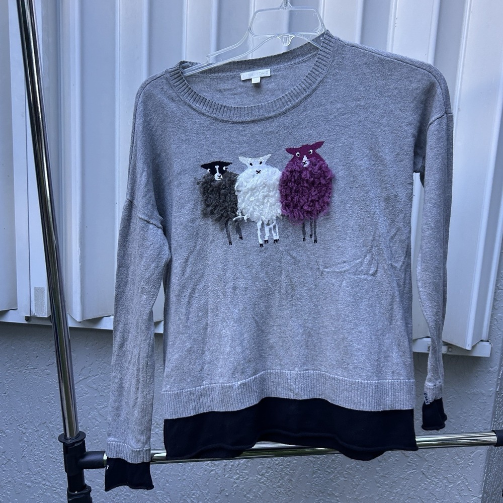 Lisa Todd Women's Small Sheep Sweater Cotton Cashmere 3D Applique Gray